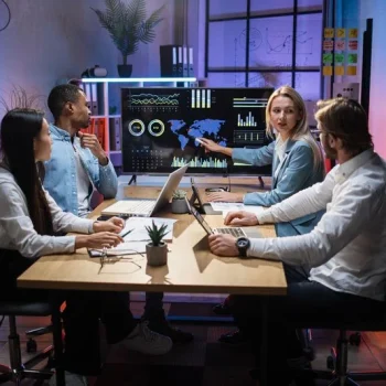 Digital marketing team analyzing SEO and Google Ads performance dashboard with website development and growth strategy banner.